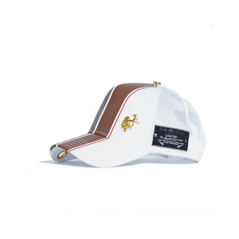 Red Monkey Racing Stripe Trucker Cap - White & Brown - قبعة